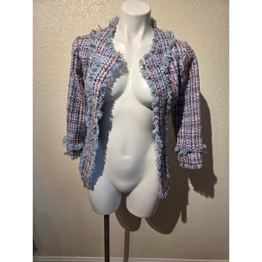 Boston Proper Women Blue Multi Color Tweed Fringe Blazer Jacket‎ Size 0